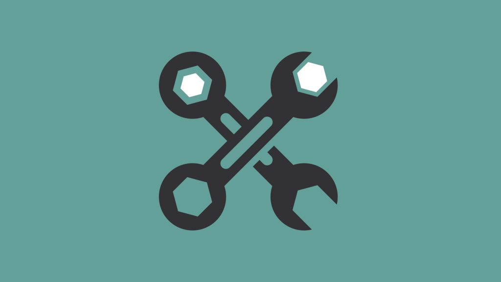 Een icon van twee moersleutels in een kruisvorm op een turquoise achtergrond.