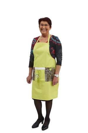 Belevingsschort in de kleur lime, wasbaar, met regelbaar halslint